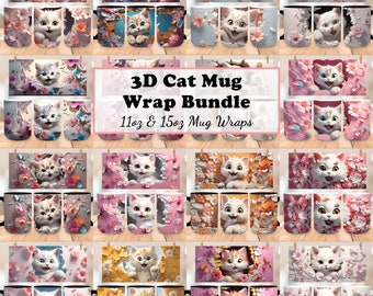3D-Tier Katzenbecher Wrap Bundle, 3D-Katzenbecher Wrap, 11 Unzen 15 Unzen Katzenkaffeetasse Vorlage Bundle, 3D Crack Loch Becher Sublimation, digitaler Download