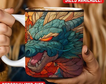 Stained Glass Dragon Mug, Gothic Fantasy Anime Coffee Cup, Dark Manga Inspired (11oz 15oz)