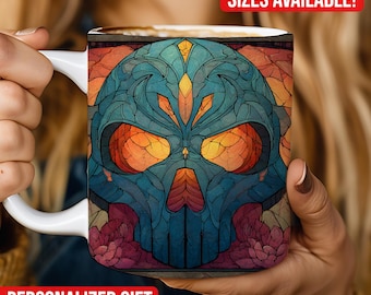 Stained Glass Art Skull Mug, First Person Shooter Ceramic Coffee Cup, Video Game Gift, Game Art 11oz or 15oz Mug