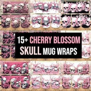 15+ Pink Cherry Blossom Skull Sublimation Mug Wraps Bundle, 11oz & 15oz Sublimation Mugs Design Template, Halloween Skull Cricut Coffee Mug