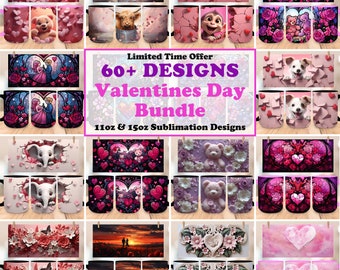 60+ Valentine Mug Wrap Bundle, Valentines Day Mug Wrap Sublimation Designs, 11oz & 15oz Mug Template, Flowers and Hearts Valentine Mug Wrap