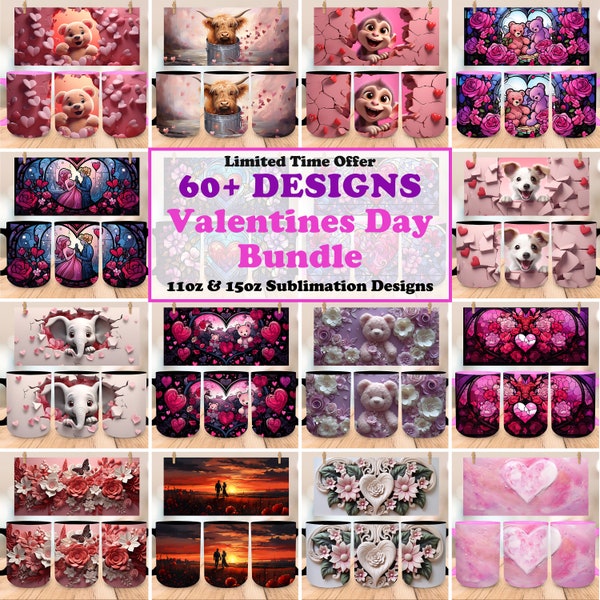 60+ Valentinstag Becher Wrap Bundle, Valentinstag Becher Wrap Sublimations-Designs, 11 Unzen & 15 Unzen Becher Vorlage, Blumen und Herzen Valentinstag Becher Wrap