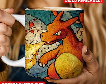 Charizard Inspired Mug, Abstract Fire Dragon Art Coffee Cup, Anime Lover Gift, Pokemon Fan Aesthetic Mug 11oz 15oz