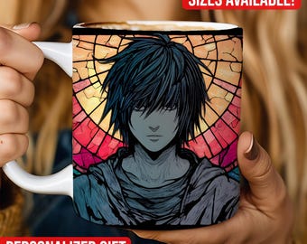 Death Note Inspired Stained Glass Mug, Ceramic 11oz & 15oz Cup, Kawaii Gift for Fans, Artistic Character Design
