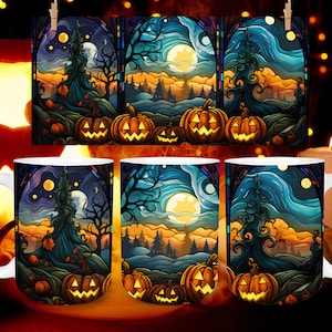 Halloween Pumpkins Stained Glass Renaissance Fresco Style Sublimation Mug Wrap, 11 & 15oz Pumpkin Cricut Mug Press Sublimation Template