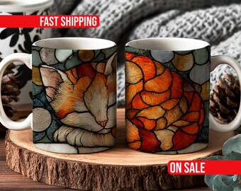 Taza de vitral con diseño de gato, ideal para amantes de los libros, ideal para leer, de cerámica, 325 ml y 433 ml.