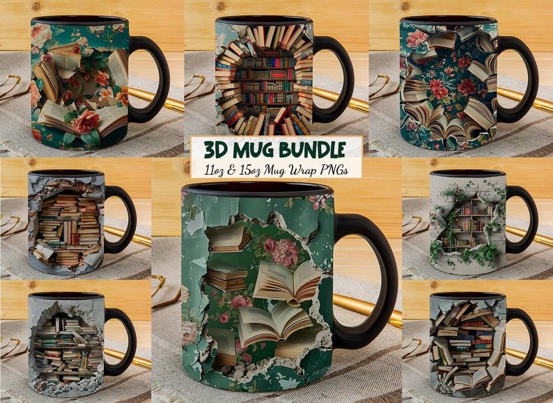 K&ouml;nnte beinhalten: Ein B&uuml;ndel von 11oz und 15oz Becherumschl&auml;gen mit einem 3D-Design von B&uuml;chern und einem B&uuml;cherregal. Die Designs beinhalten ein B&uuml;cherregal mit B&uuml;chern, ein B&uuml;cherregal mit B&uuml;chern und Ranken und ein B&uuml;cherregal mit B&uuml;chern und Blumen.