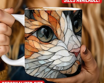 Taza de café con diseño de gato de vitral, taza de café de cerámica de vitral con temática de libros, 11 oz y 15 oz, regalo