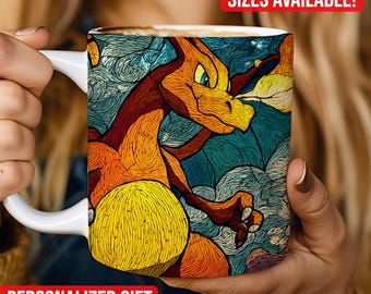 Abstract Charizard Dragon Mug, Anime Inspired Coffee Cup, Ceramic Art (11oz or 15oz)