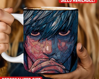 Death Note Stained Glass Ceramic Mug, L Character, Anime Coffee Cup, 11oz and 15oz Size Mug