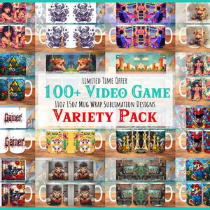 Puede incluir: Una colección de tazas de cerámica blanca con varios diseños temáticos de videojuegos. Las tazas presentan gráficos coloridos de personajes, escenas y logotipos. El texto en la imagen dice "100+ Video Game Mug Wrap Sublimation Designs Variety Pack."