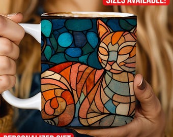 Taza de café con diseño de gato de vitral, taza de café de cerámica de vitral con temática de libros, 11 oz y 15 oz, regalo