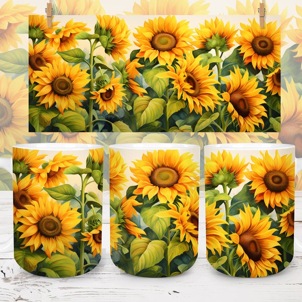 Sunflower Sublimation Mug Design, 11 & 15oz Sunflowers Mug Sublimation Template Cricut Mug Press Sublimation Wrap, Digital Download Mug Cup