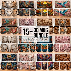 3D Mug Wrap Bundle, 3D Elephant Mug Wrap, 3D Flowers Mug Wrap, 3D Tiger Mug Wrap, 11oz 15oz Mug PNG Mug Bundle, PNG & JPEGS Mug Wrap Bundle