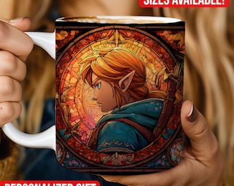 Stained Glass Link Mug, Fantasy Hero Coffee Cup, Adventure Game Inspired Art, Gamer Gift 11oz 15oz