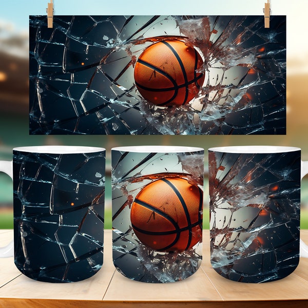 3D Basketball Mug Wrap Design Bundle, 3D Sports Mug Wrap Design, 11oz 15oz Sports Mug Wrap, 3D Crack Glass Hole Mug, Digital Download