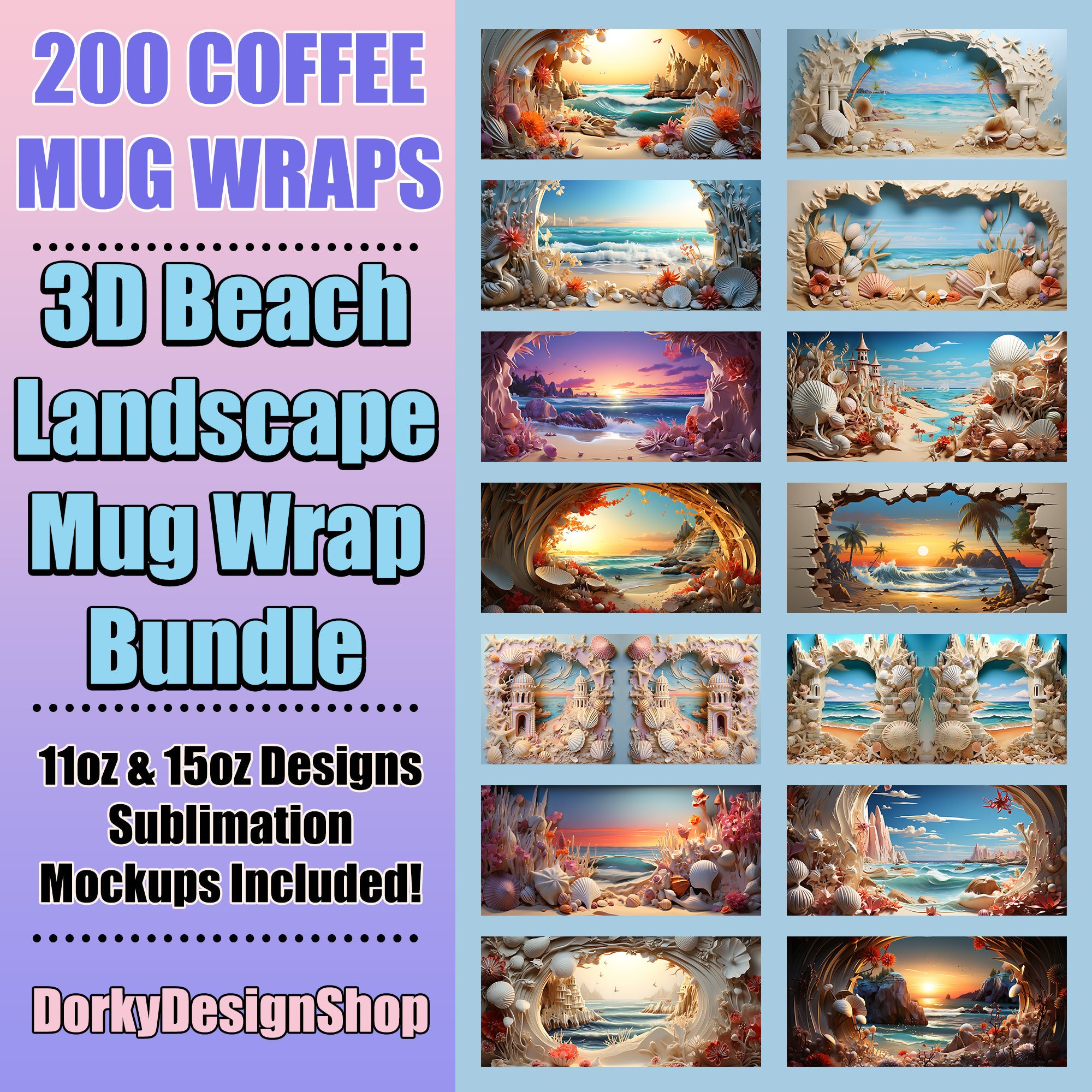 3D Mega Bundle Beach Designs Mug Wraps, Beach Landscape Crack Hole Mug Bundle, 11oz 15oz Mug Wrap Bundle Sublimation Design, Mega Mug Bundle