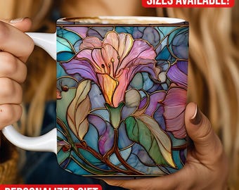 Stained Glass Foliage Nature Mug, Floral Glass Plants Ceramic Coffee Cup 11oz or 15oz