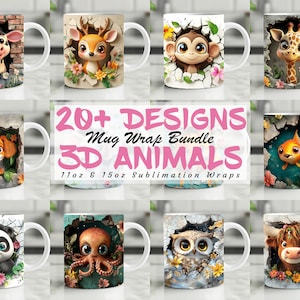 3D-Tierbecherverpackungs-Bundle, 3D-Blumenbecherverpackungs-Sublimationsdesigns PNG 11 Unzen und 15 Unzen Kaffeetassenvorlage, niedliches Tierbecher-Pressendesign