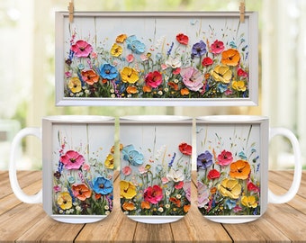 3D Blumenfarbenrahmen Becherverpackung, 3D Becher Sublimationsdesign PNG, 3D Blumenbecher Sublimationsvorlage, 11 Unze 15 Unze Becherverpackungsvorlage