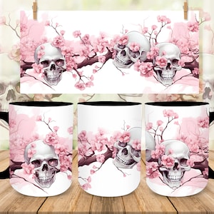 Pink Cherry Blossom Sublimation Skull Mug Wrap, 11 & 15oz Pumpkins Mug Template, Digital Download Mug Sublimation Wrap Halloween Pink Skull