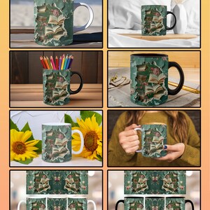 K&ouml;nnte beinhalten: Acht verschiedene Mockups einer wei&szlig;en und schwarzen Keramiktasse mit einem Design aus Vintage-B&uuml;chern und Blumen auf einem rissigen gr&uuml;nen Hintergrund. Die Tasse wird in verschiedenen Umgebungen gezeigt, darunter auf einem Holztisch, in einer Hand und neben Sonnenblumen.