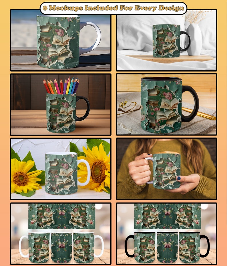 K&ouml;nnte beinhalten: Acht verschiedene Mockups einer wei&szlig;en und schwarzen Keramiktasse mit einem Design aus Vintage-B&uuml;chern und Blumen auf einem rissigen gr&uuml;nen Hintergrund. Die Tasse wird in verschiedenen Umgebungen gezeigt, darunter auf einem Holztisch, in einer Hand und neben Sonnenblumen.