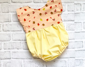 Yellow Spring Romper 12M • Short Sleeve, Snail Romper • Summer Romper for Baby Girl • OOAK Whimsical Romper
