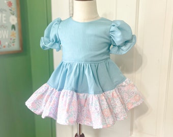 RTS Size 18m Spring Dress • Blue Pastel Floral Ruffle Twirl Dress, Handmade Special Occasion Spring Outfit Toddler Girls