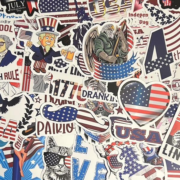 5-50 Pack USA 4th of July Themed Stickers for Laptops, Skateboards, Phones, Rewards, Water Bottles, Bikes, Luggage, Travel