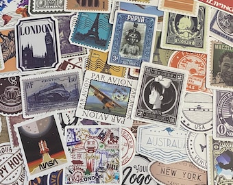 5-50 Pack Travel, Passport, Stamps Themed Stickers for Laptops, Skateboards, Phones, Rewards, Water Bottles, Bikes, Luggage, Travel