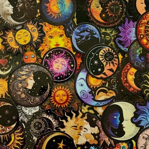 May include: A collection of circular stickers featuring celestial designs, including suns, moons, and stars in vibrant colors like yellow, orange, purple, and blue. The illustrations depict faces on the suns and moons, with intricate patterns.