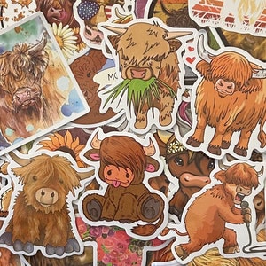 5-50 Pack Highland Cow Stickers for Laptops, Skateboards, Phones, Rewards, Water Bottles, Bikes, Luggage, Travel