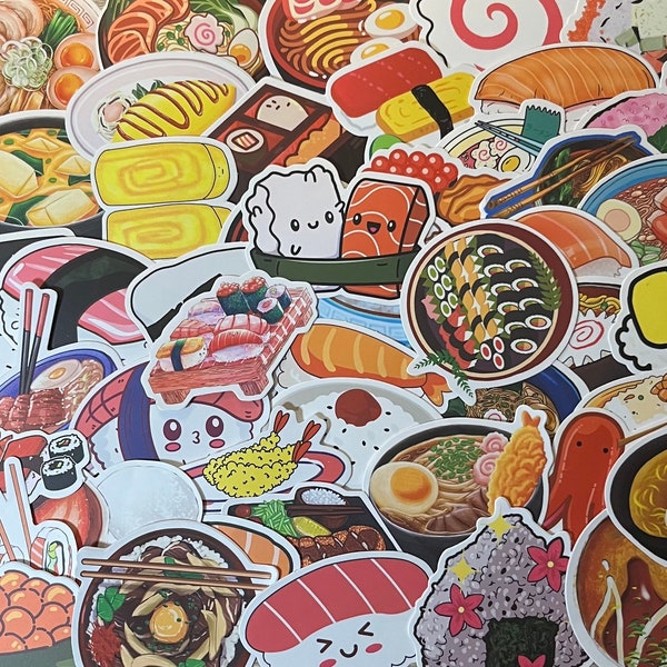 5-50 Pack Sushi, Ramen, Asian Cuisine Stickers for Laptops, Skateboards, Phones, Rewards, Water Bottles, Bikes, Luggage, Travel