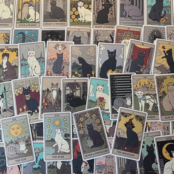 5-50 Pack Cat Tarot Card Themed Stickers for Laptops, Skateboards, Phones, Rewards, Water Bottles, Bikes, Luggage, Travel