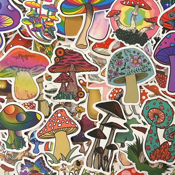 5-50 Pack Mushroom  Stickers for Laptops, Skateboards, Phones, Rewards, Water Bottles, Bikes, Luggage, Travel