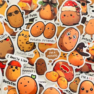 May include: A collection of die-cut vinyl stickers featuring various cartoon potatoes with expressive faces. Designs include potatoes wearing hats, sunglasses, and costumes, with text such as I Like Potatoes, Potato Friends, and I'm A Potato.