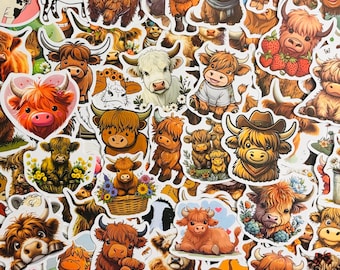 Cow, Highland Cow Stickers Pack of 10, 20 or 50 Decals for Planners, Journals, Decorations, Rewards, Party Supplies, Gifts and More!