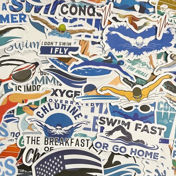 5-50 Pack Swimming Stickers for Laptops, Skateboards, Phones, Rewards, Water Bottles, Bikes, Luggage, Travel