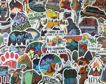 5-50 Pack Camping, Hiking, Outdoors Stickers for Laptops, Skateboards, Phones, Rewards, Water Bottles, Bikes, Luggage, Travel