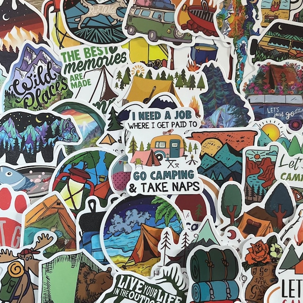 5-50 Pack Camping, Hiking, Outdoors Stickers for Laptops, Skateboards, Phones, Rewards, Water Bottles, Bikes, Luggage, Travel