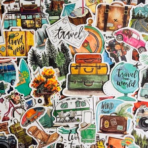 Paquete de 10, 20 o 50 pegatinas para viajes, viajes por carretera, acampadas y actividades al aire libre. Ideales para planificadores, diarios, decoraciones, recompensas y artículos para fiestas.