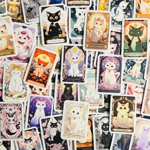 Paquete de pegatinas con temática de cartas del Tarot de gato (10, 20, 50 o 78 unidades) para planificadores, diarios, decoraciones, recompensas, artículos para fiestas, regalos y mucho más.
