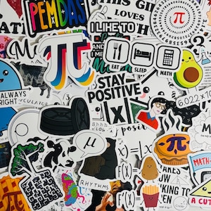May include: A collection of colorful stickers featuring math-related symbols, equations, and phrases. The stickers include the mathematical constant pi, the phrase "Stay Positive", and the equation "f(x) = |x|".