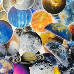 May include: A collage of colorful planet stickers, featuring various celestial bodies like Earth, Jupiter, and Saturn. The stickers showcase detailed textures and vibrant colors, including blues, oranges, and browns. The collection is a mix of full and partial planet images.