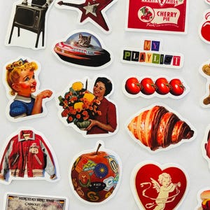 May include: A collection of assorted die-cut stickers featuring vintage-style illustrations, including a yellow potato character, popcorn, a child with bananas, a television, a star-shaped guitar, cherry pie, a cat in a spaceship, and various food items.