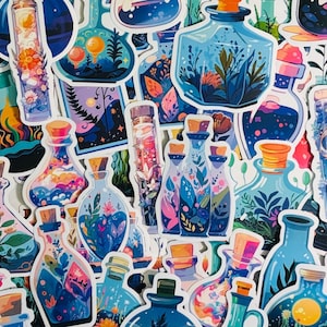May include: A collection of colorful stickers featuring various potion bottles. The bottles are filled with vibrant liquids and botanical elements, including flowers and leaves. The color palette includes blues, pinks, and oranges, with cork stoppers.