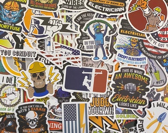 5-50 Pack Electrician Themed Stickers for Laptops, Skateboards, Phones, Rewards, Water Bottles, Bikes, Luggage, Travel