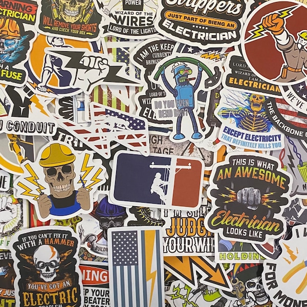 5-50 Pack Electrician Themed Stickers for Laptops, Skateboards, Phones, Rewards, Water Bottles, Bikes, Luggage, Travel