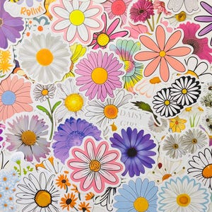 May include: A collection of colorful flower stickers in various sizes and designs. The stickers feature daisies, gerberas, and other floral patterns in shades of pink, purple, yellow, and white. Some stickers have the text "Daisy Girl" and "Rollin".